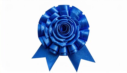 A single, vibrant blue satin ribbon rosette award or badge, with two tails, isolated on a clean, bright white background, studio quality photography. (179 characters)