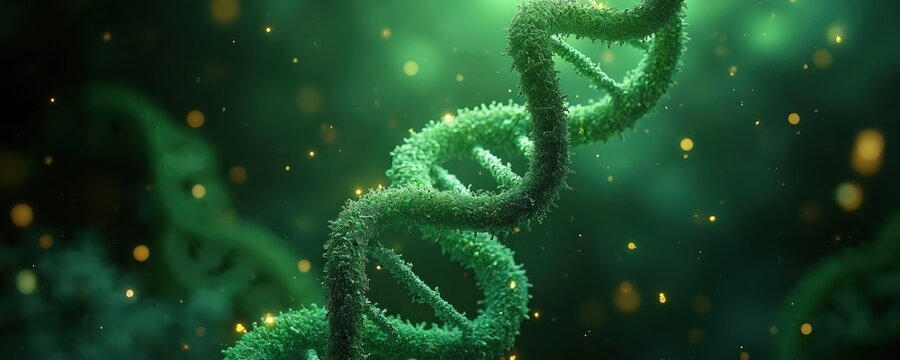Green DNA helix floats in dark space with golden particles. Abstract medical science background. Genetic research concept, cell structure biology.