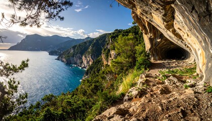 Scenic coastal cave pathway