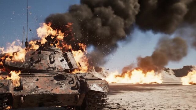 A destroyed armored tank is engulfed in intense flames and thick black smoke on a desolate desert battlefield. Another massive explosion erupts in the background, sending debris and embers flying agai