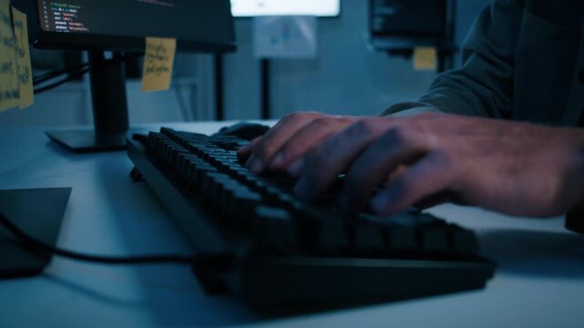 Cyber Security, Computer Programmer hand typing on keyboard, Writing code, developing application, Ai machine learning LLM with dual monitor sit at desk in tech office at night. software development.