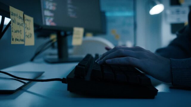 Close-up Female Programmer Hands Typing Code on Desktop Computer, Screen Displaying Programming Information. Female Software Engineer Focused on Developing Applications Writing code sit at office desk