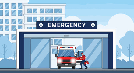 Ambulance arriving at hospital emergency entrance with medical professional ready to assist