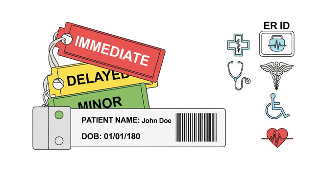 Patient Triage Tags: Illustrating an emergency room patient's condition, with color-coded triage tags. Including labels for 'immediate', 'delayed' and 'minor', next to various medical icons.