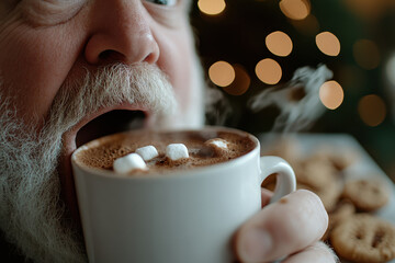 A joyful scene featuring a man savoring hot cocoa topped with marshmallows, surrounded by freshly baked cookies, exuding warmth and festive cheer in a cozy setting.
