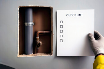 A gloved hand holds a blank checklist next to exposed pipes for inspection. Space for text. 