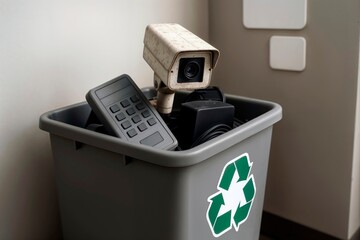 Obsolete security camera and keypad in an electronics recycling bin.