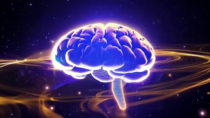 A luminous digital brain rotates while golden energy rings swirl around it, with movement intensifying across frames and creating a vivid futuristic neural concept in cosmic space - Powered by Adobe
