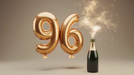 Balloon shaped as number 96, next to popping champagne bottle. Neutral colors for birthday or anniversary