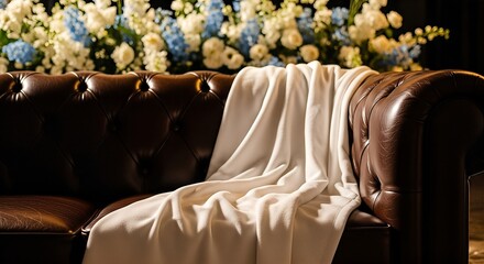 Luxurious brown leather Chesterfield sofa with a white throw blanket and elegant floral arrangements in the background.