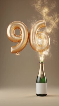 Balloon shaped as number 96, next to popping champagne bottle. Neutral colors for birthday or anniversary