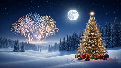Serene snowy landscape with glowing christmas tree colorful gifts fireworks and moonlit winter night, christmas, new year - Powered by Adobe