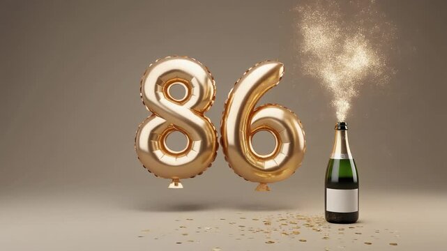 Balloon shaped as number 86, next to popping champagne bottle. Neutral colors for birthday or anniversary