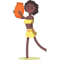 African Woman Character With Dark Skin Tone And Curly Hair Wearing A Yellow Top And Grass Skirt Holding An Orange Pot With Both Hands And A Cheerful Expression Isolated On A White Background