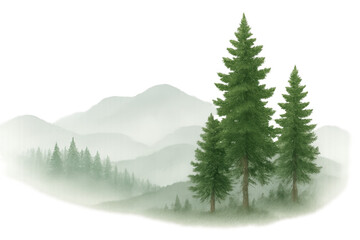 Fototapeta premium Pine trees in a watercolor landscape painting with mountains rising in background, evoking calm and quiet nature