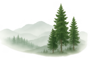 Pine trees in a watercolor landscape painting with mountains rising in background, evoking calm and quiet nature