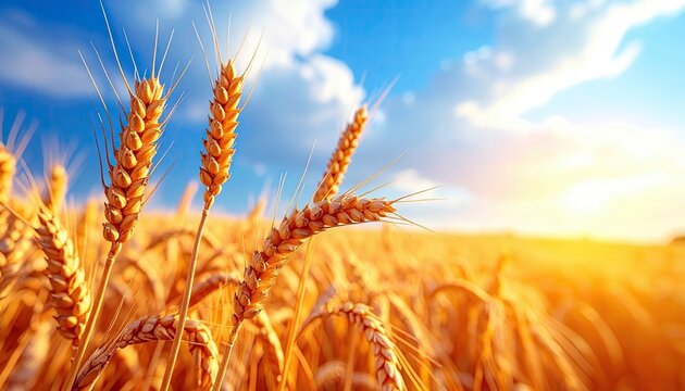 A close-up view of ripe wheat stalks in a sun-drenched field, with a clear blue sky and soft clouds in the background.