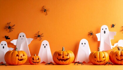 A fun, minimalist Halloween display with origami paper ghosts, carved and paper craft pumpkins, and plastic spiders against a bright orange background. (188 characters)