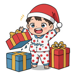 Excited child opening Christmas presents in festive pajamas with a joyful expression and cheerful atmosphere 
