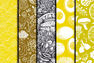 食欲をそそる食材や調理済みの卵をモチーフにした、黄色と茶色を基調とした手描き風のベクターパターン背景素材セット