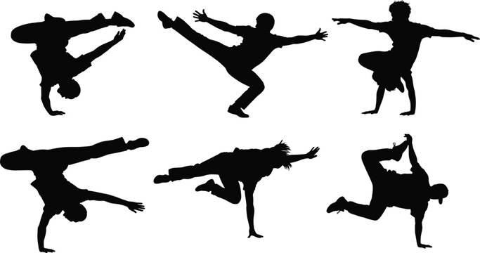 Set of black silhouettes, breakdance poses, b-boy dancers doing hip hop moves, street dance freezes and handstands, isolated vector illustration.
