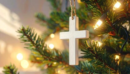A white wooden cross ornament hanging by twine on a lush green Christmas tree branch, with warm, blurred golden string lights in the background. (179 characters)