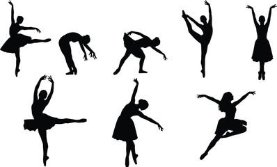 Set of black silhouettes, collection of ballerinas, female ballet dancers in classical and modern dance poses, graceful figures, isolated vector illustration.