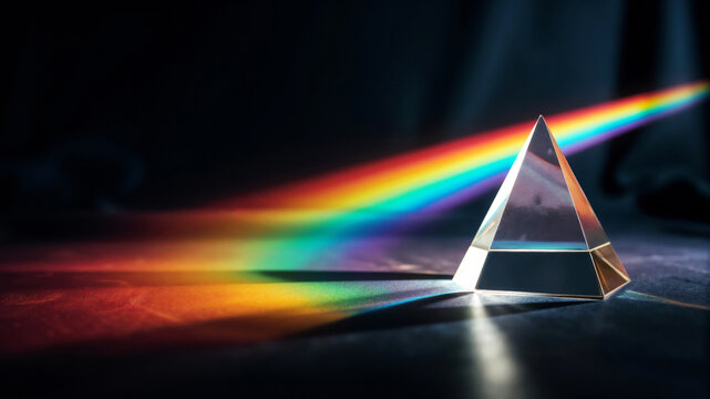 Crystal prism and vibrant rainbow spectrum on dark surface for light refraction and scientific optical phenomenon