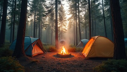 Tents glow with campfire light in misty forest scene. Tall pine trees surround campsite, creating secluded and peaceful atmosphere. This image suggests outdoor adventure and communal relaxation.