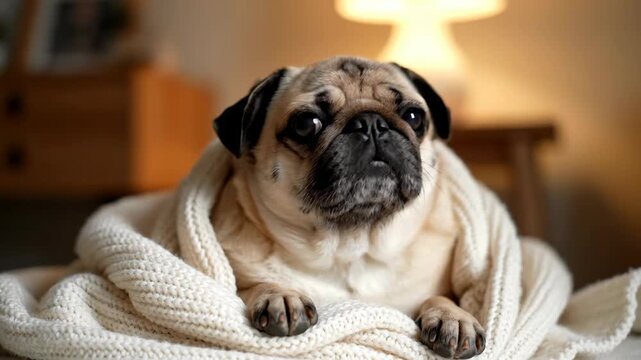 A cute pug dog is wrapped in a cozy white knitted blanket, looking upwards. It has big dark eyes and a black snout, creating a heartwarming scene