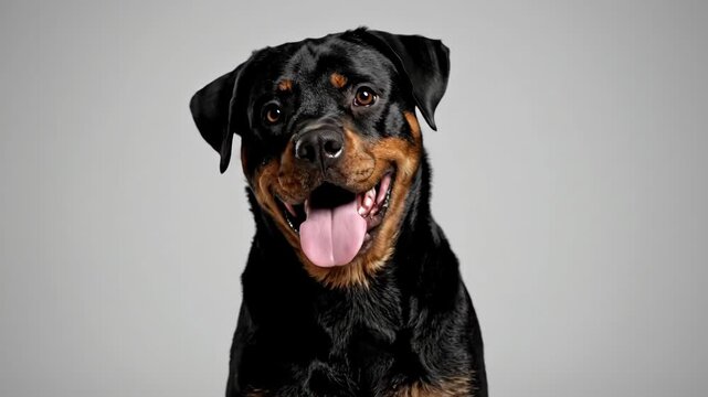 A happy Rottweiler dog poses with a gentle tilt of its head and open mouth. It smiles