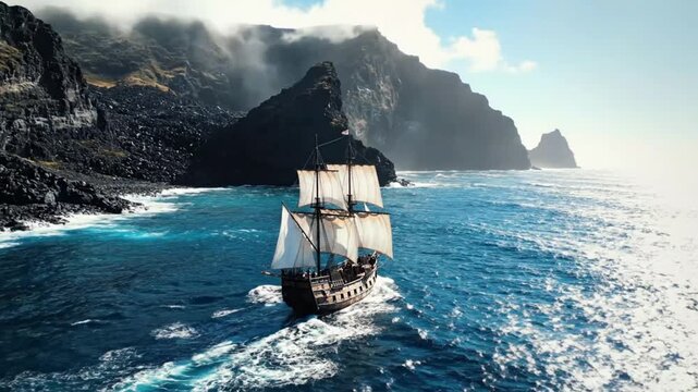 Majestic Tall Ship Sails Through Dramatic Ocean Waves Near Rugged Volcanic Cliffs Under Misty Skies Epic Nautical Adventure