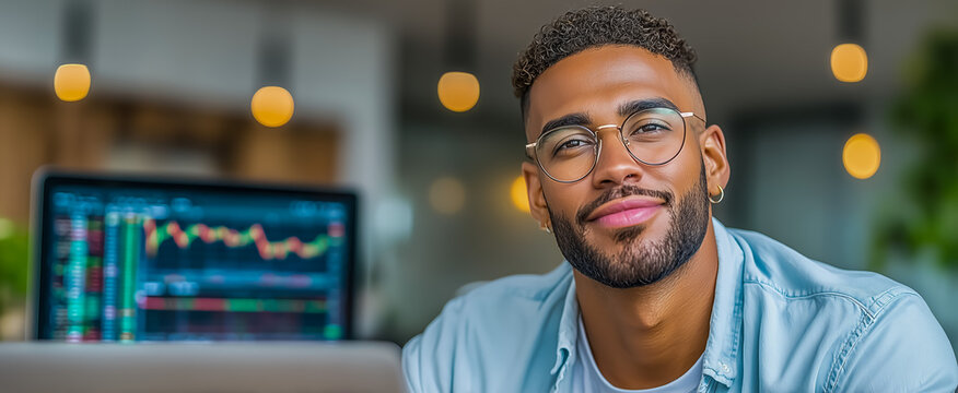 Confident young man smiling in modern office with laptop - Powered by Adobe