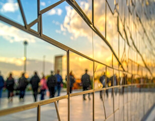 Fenced urban scene with blurry figures, building, and a colorful sunset sky