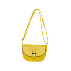 A yellow leather crossbody purse with a buckle closure and adjustable strap, perfect for everyday use