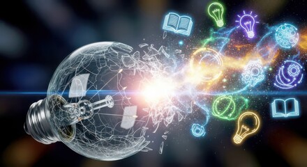 An exploding lightbulb releasing a vibrant stream of glowing digital icons representing knowledge, ideas, and innovation.