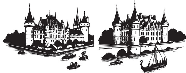 Loire Valley Castles. Hand drawn set.
