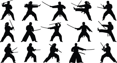 Set of black silhouettes, collection of martial arts fighters, man and woman with swords, samurai and ninja poses, holding katanas, isolated vector illustration © MSTNASRIN