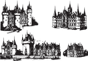 Loire Valley Castles. Hand drawn set.