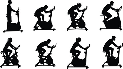 Set of black silhouettes, collection of people exercising, man and woman riding stationary exercise bikes, gym cardio workout, isolated vector illustration.