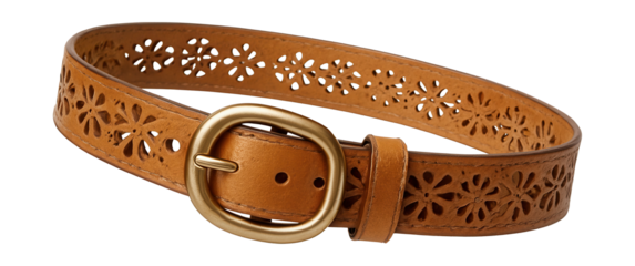 Tan leather belt featuring a floral cutout design and oval buckle.