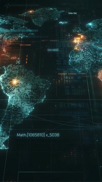 Digital world map with glowing pixels and data analysis