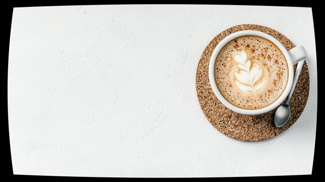 A close-up overhead shot shows a white mug filled with a latte, featuring intricate latte art and a dusting of cinnamon, placed on a cork coaster next to a spoo