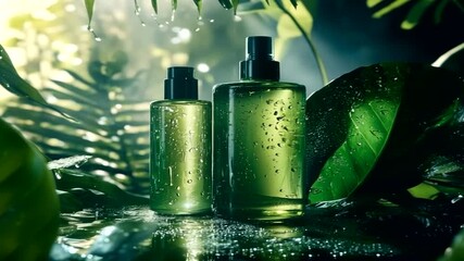 Two green glass bottles of liquid surrounded by lush tropical leaves and water droplets - Powered by Adobe