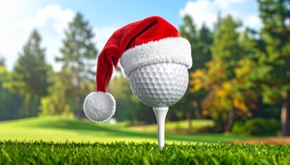 A golf ball resting on a tee, topped with a miniature Santa hat, set on lush green grass on a sunny golf course, symbolizing Christmas sports and holiday golf. (178 characters)