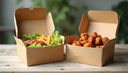 Eco friendly takeout food in cardboard boxes. Chicken nuggets french fries and grilled meat with salad greens inside. Restaurant delivery concept. Catering meal.