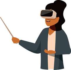 Smiling teacher wearing virtual reality glasses and holding pointer is giving a lesson