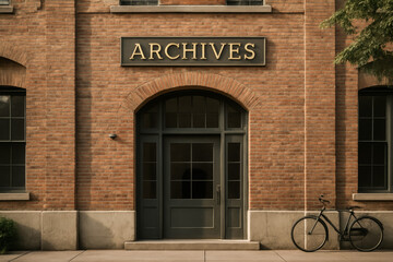Obraz premium Historic building entrance with archives sign and bicycle nearby