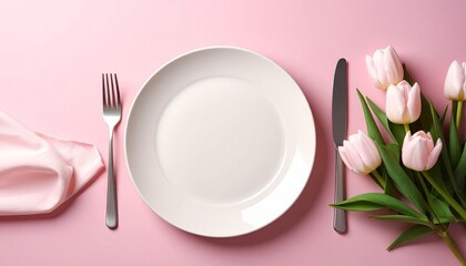Elegant table setting with pink and white plates, silverware, roses, and scattered petals—evoking romance, celebration, and the floral choreography of dining, detail, and decor.