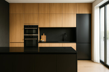 Fototapeta premium Modern kitchen interior with wooden and black cabinetry design
